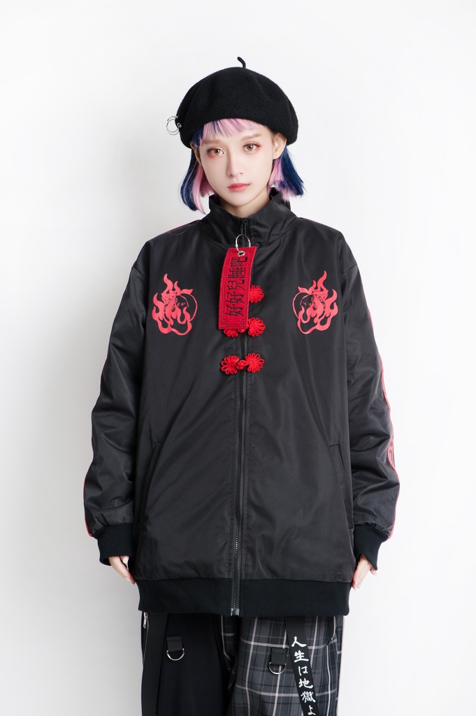 Jillpunkオリジナル原宿秋葉地雷系アニメKUUAコラボ 好好睡チャイナ漢字中華風ゆったりキルティング裏地タートルネックウィンドウブレーカージャケット メンズ レディー V系 おしゃれ大きいサイズ男女兼用ファッションカッコいい