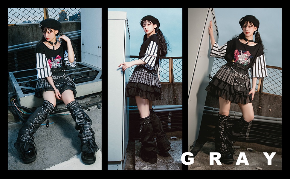 Jillpunkオリジナルパンクロック地雷少女 タータン柄ウエストバッグ付き上品プリーツラップミニスカート⋆レッグウォーマーセット レディーおしゃれファッションアヴリル系カッコいい