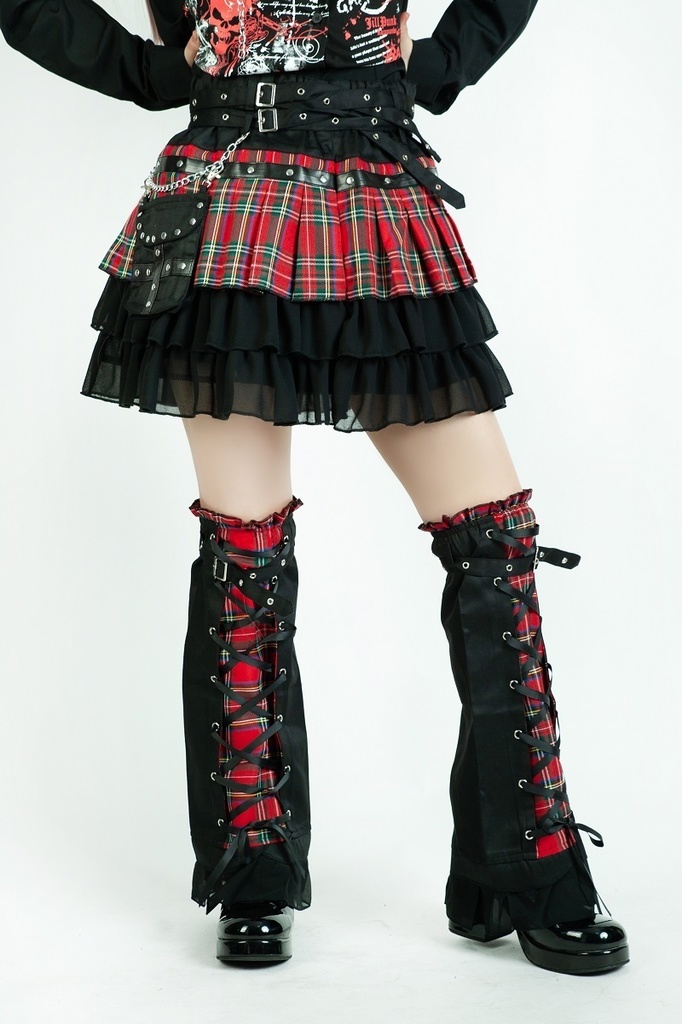 Jillpunkオリジナルパンクロック地雷少女 タータン柄ウエストバッグ付き上品プリーツラップミニスカート⋆レッグウォーマーセット レディーおしゃれファッションアヴリル系カッコいい