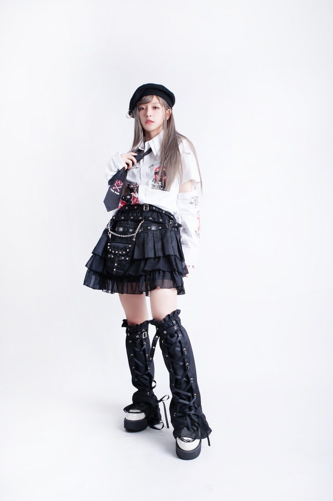 Jillpunkオリジナルパンクロック地雷少女 タータン柄ウエストバッグ付き上品プリーツラップミニスカート⋆レッグウォーマーセット レディーおしゃれファッションアヴリル系カッコいい