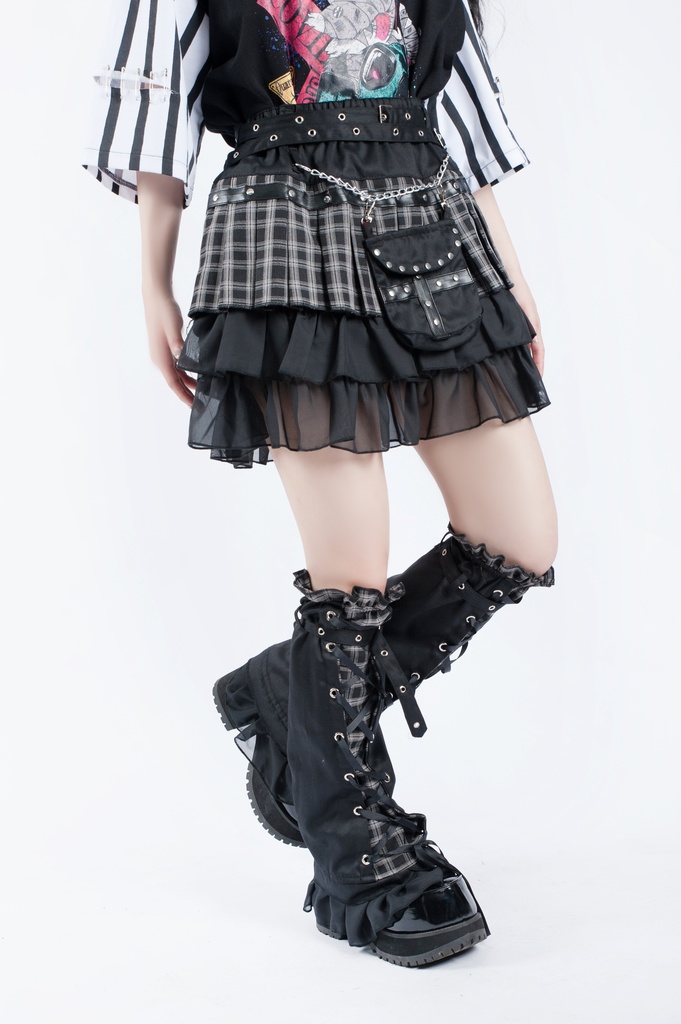 Jillpunkオリジナルパンクロック地雷少女 タータン柄ウエストバッグ付き上品プリーツラップミニスカート⋆レッグウォーマーセット レディーおしゃれファッションアヴリル系カッコいい