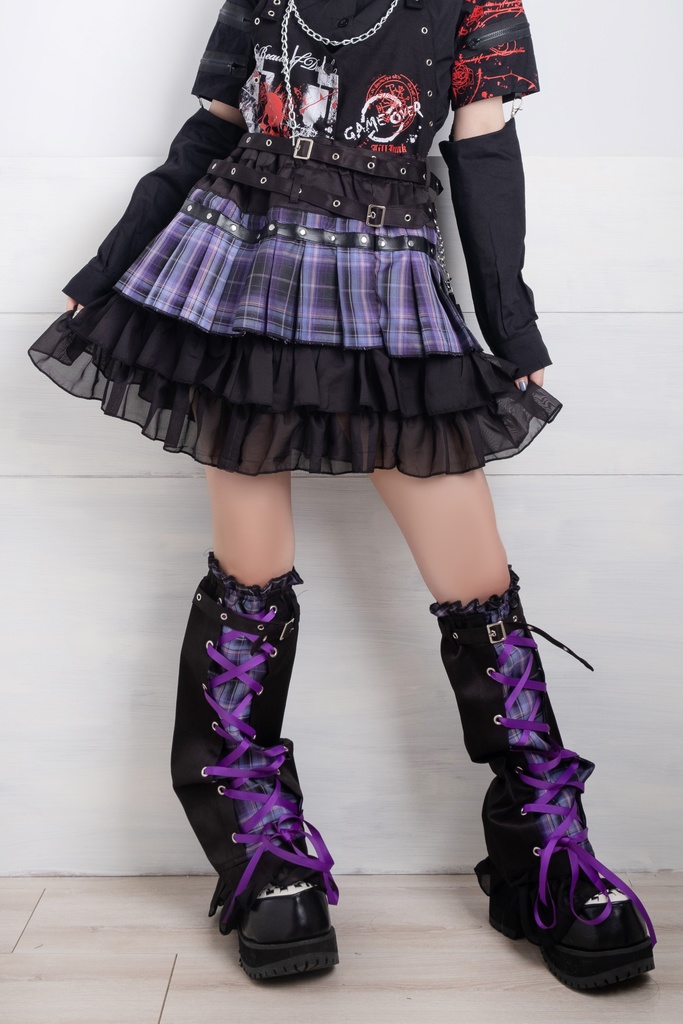 Jillpunkオリジナルパンクロック地雷少女 タータン柄ウエストバッグ付き上品プリーツラップミニスカート⋆レッグウォーマーセット レディーおしゃれファッションアヴリル系カッコいい