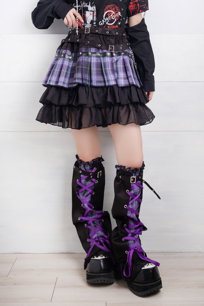 Jillpunkオリジナルパンクロック地雷少女 タータン柄ウエストバッグ付き上品プリーツラップミニスカート⋆レッグウォーマーセット レディーおしゃれファッションアヴリル系カッコいい