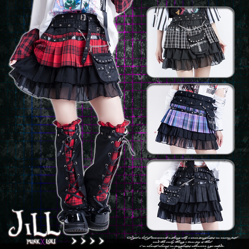 Jillpunkオリジナルパンクロック地雷少女 タータン柄ウエストバッグ付き上品プリーツラップミニスカート レッグウォーマーセット レディーおしゃれファッションアヴリル系カッコいい Jillpunk Booth