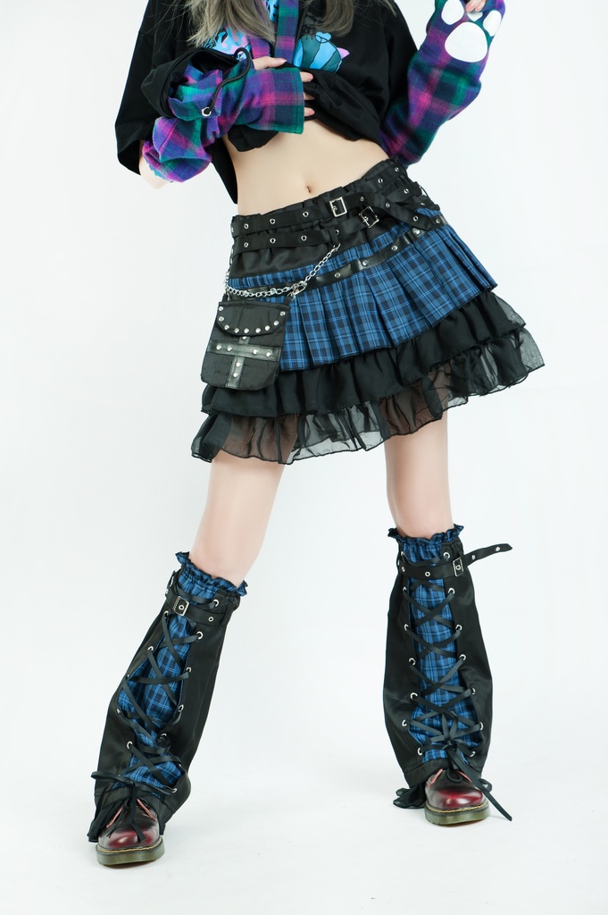 Jillpunkオリジナルパンクロック地雷少女 タータン柄ウエストバッグ付き上品プリーツラップミニスカート⋆レッグウォーマーセット レディーおしゃれファッションアヴリル系カッコいい