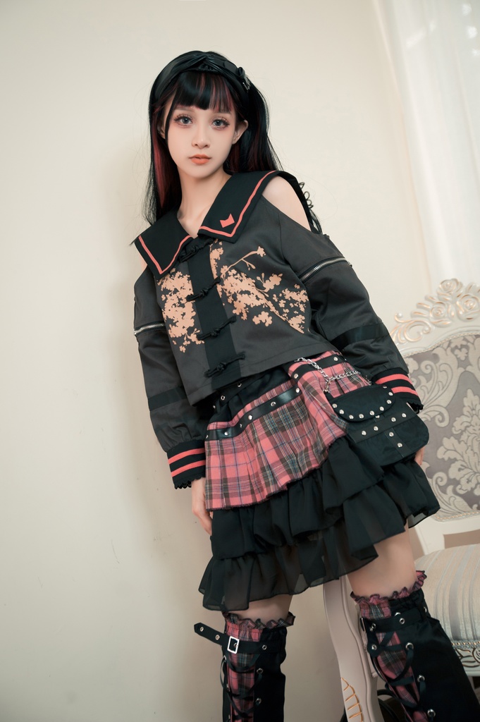 Jillpunkオリジナルパンクロック地雷少女 タータン柄ウエストバッグ付き上品プリーツラップミニスカート⋆レッグウォーマーセット レディーおしゃれファッションアヴリル系カッコいい