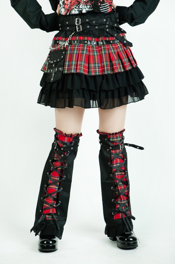 Jillpunkオリジナルパンクロック地雷少女 タータン柄ウエストバッグ付き上品プリーツラップミニスカート⋆レッグウォーマーセット レディーおしゃれファッションアヴリル系カッコいい