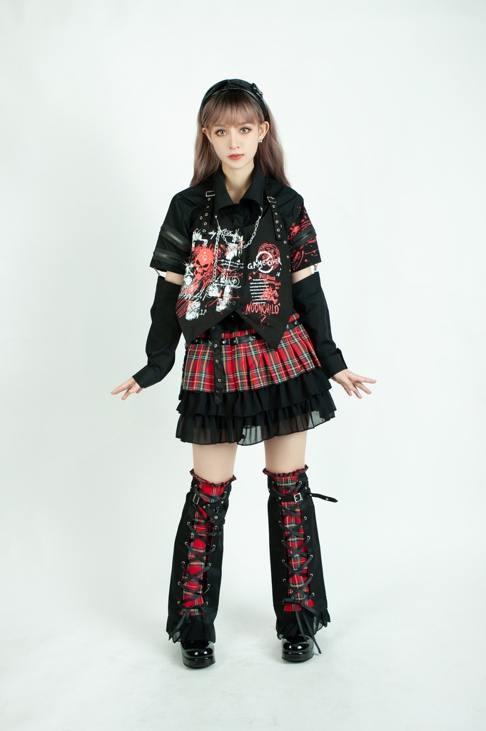 Jillpunkオリジナルパンクロック地雷少女 タータン柄ウエストバッグ付き上品プリーツラップミニスカート⋆レッグウォーマーセット レディーおしゃれファッションアヴリル系カッコいい