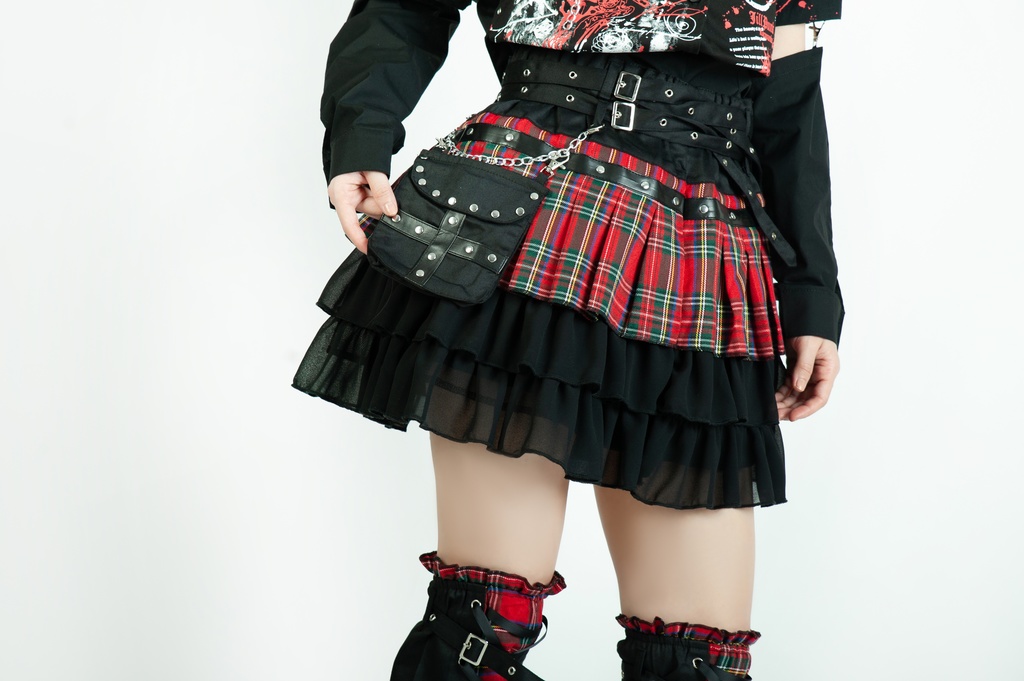 Jillpunkオリジナルパンクロック地雷少女 タータン柄ウエストバッグ付き上品プリーツラップミニスカート⋆レッグウォーマーセット レディーおしゃれファッションアヴリル系カッコいい