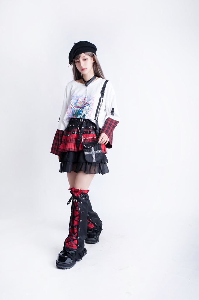 Jillpunkオリジナルパンクロック地雷少女 タータン柄ウエストバッグ付き上品プリーツラップミニスカート⋆レッグウォーマーセット レディーおしゃれファッションアヴリル系カッコいい
