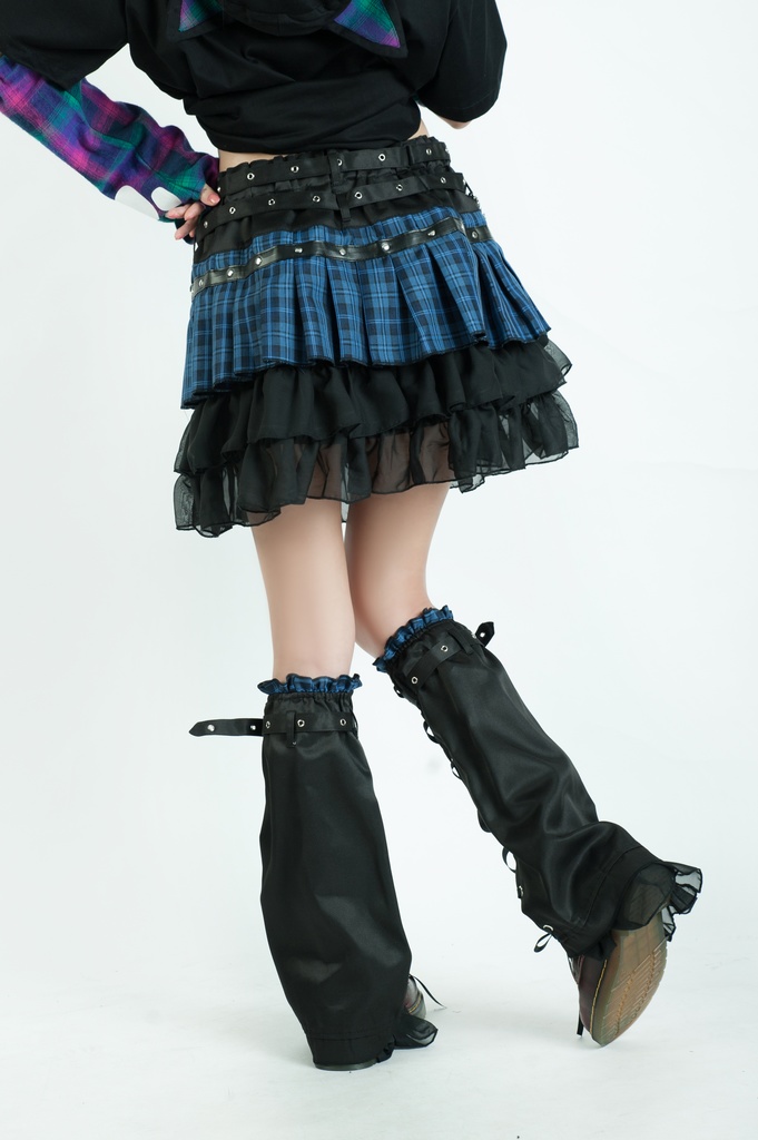 Jillpunkオリジナルパンクロック地雷少女 タータン柄ウエストバッグ付き上品プリーツラップミニスカート⋆レッグウォーマーセット レディーおしゃれファッションアヴリル系カッコいい