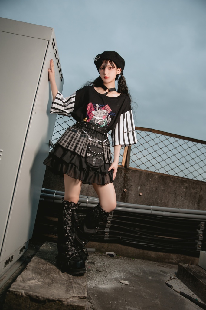 Jillpunkオリジナルパンクロック地雷少女 タータン柄ウエストバッグ付き上品プリーツラップミニスカート⋆レッグウォーマーセット レディーおしゃれファッションアヴリル系カッコいい