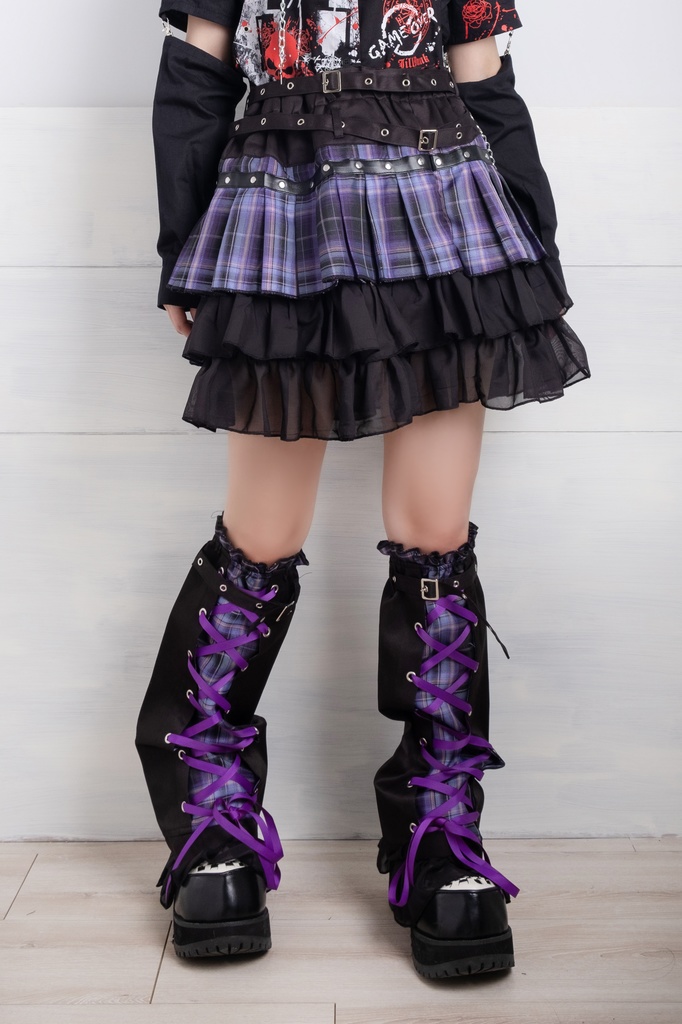Jillpunkオリジナルパンクロック地雷少女 タータン柄ウエストバッグ付き上品プリーツラップミニスカート⋆レッグウォーマーセット レディーおしゃれファッションアヴリル系カッコいい