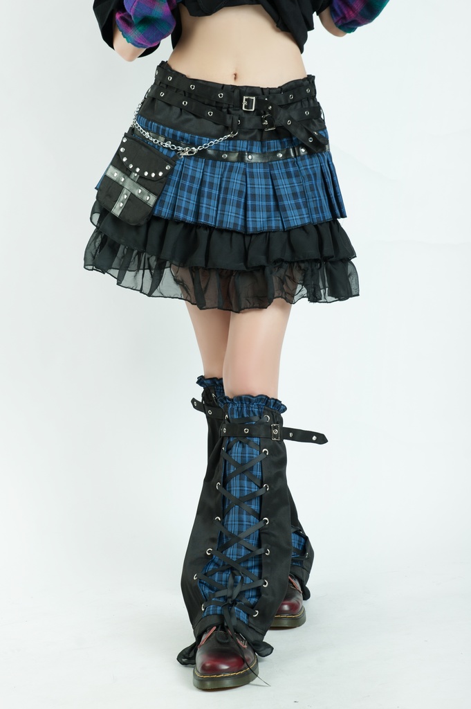 Jillpunkオリジナルパンクロック地雷少女 タータン柄ウエストバッグ付き上品プリーツラップミニスカート⋆レッグウォーマーセット レディーおしゃれファッションアヴリル系カッコいい