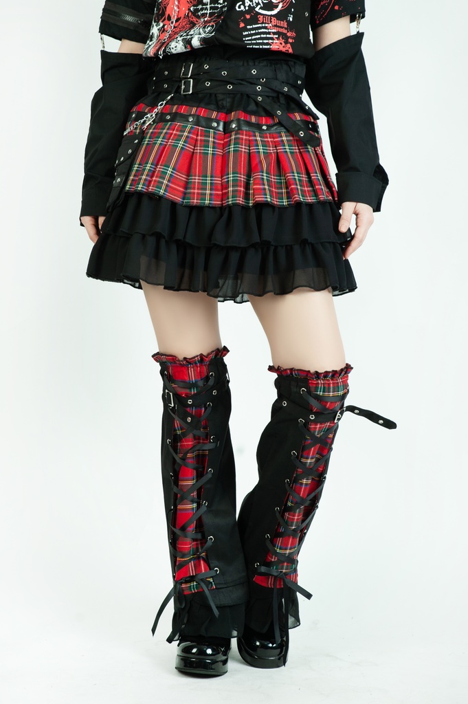 Jillpunkオリジナルパンクロック地雷少女 タータン柄ウエストバッグ付き上品プリーツラップミニスカート⋆レッグウォーマーセット レディーおしゃれファッションアヴリル系カッコいい