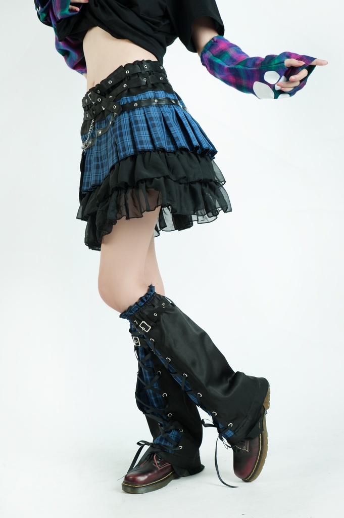 Jillpunkオリジナルパンクロック地雷少女 タータン柄ウエストバッグ付き上品プリーツラップミニスカート⋆レッグウォーマーセット レディーおしゃれファッションアヴリル系カッコいい