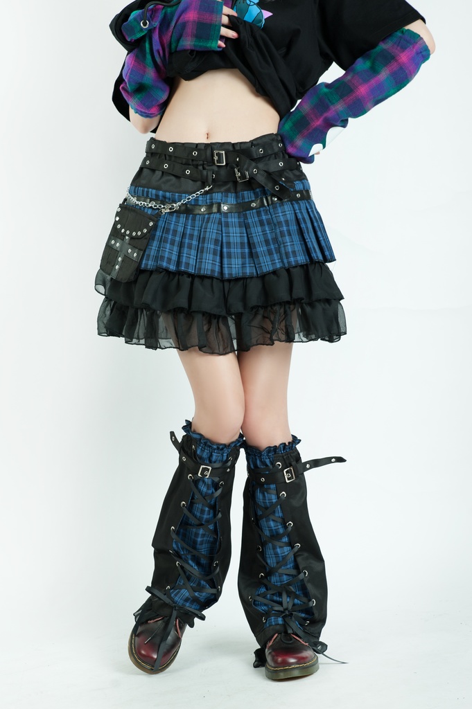 Jillpunkオリジナルパンクロック地雷少女 タータン柄ウエストバッグ付き上品プリーツラップミニスカート⋆レッグウォーマーセット レディーおしゃれファッションアヴリル系カッコいい