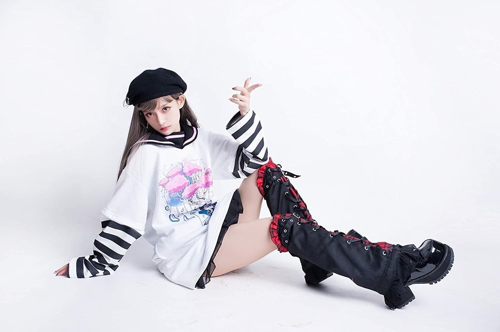 Jillpunkオリジナル二次コン 吸血の桜アームカバー付きスクールシャツセーラー半袖水兵服ワンピースドレスストライプ柄 COSPLAYレディースV系 姫系原宿秋葉系 おしゃれ地雷系可愛い萌え