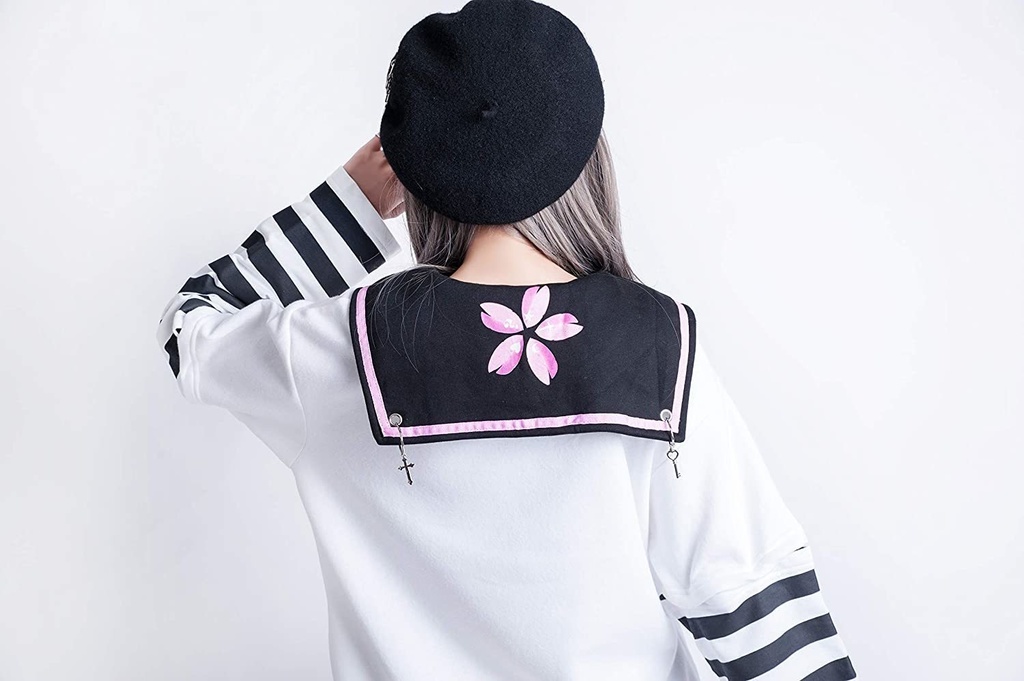 Jillpunkオリジナル二次コン 吸血の桜アームカバー付きスクールシャツセーラー半袖水兵服ワンピースドレスストライプ柄 COSPLAYレディースV系 姫系原宿秋葉系 おしゃれ地雷系可愛い萌え