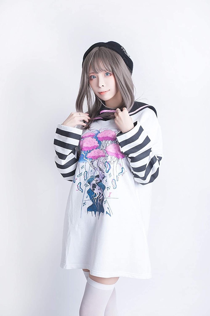 Jillpunkオリジナル二次コン 吸血の桜アームカバー付きスクールシャツセーラー半袖水兵服ワンピースドレスストライプ柄 COSPLAYレディースV系 姫系原宿秋葉系 おしゃれ地雷系可愛い萌え