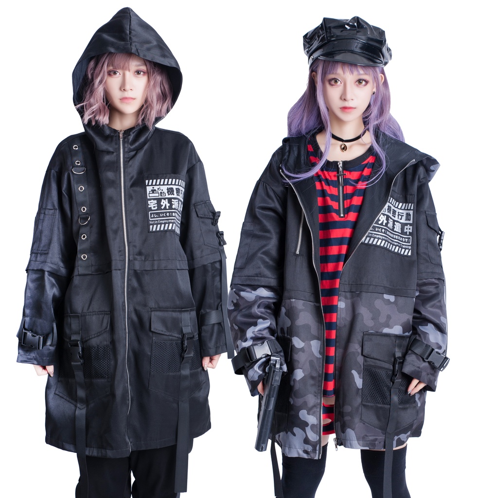 JillpunkオリジナルKERA アニメお宅機動警察NEET自宅警備隊ミリタリー戦術ポケット反射プリント耐水防水ウィンドウブレーカーパーカーゆったりジャケット パンクメンズ レディーズ おしゃれ大きいサイズ男女兼用ファッション秋葉系カッコいい