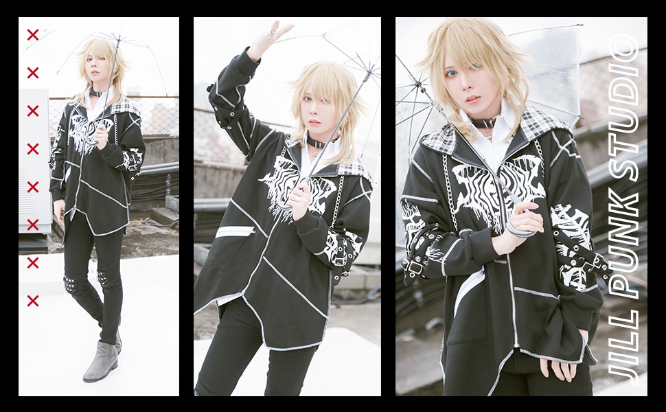 JillpunkオリジナルKERA ロック失われた安息日ヘヴィメタル記号長袖ゆったりパーカーアシンメトリー変形の裾ジャケット パンクメンズ レディーズ おしゃれ男女兼用ファッション秋葉系カッコいい
