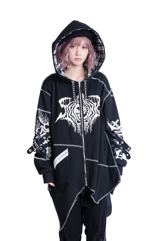 JillpunkオリジナルKERA ロック失われた安息日ヘヴィメタル記号長袖ゆったりパーカーアシンメトリー変形の裾ジャケット パンクメンズ レディーズ おしゃれ男女兼用ファッション秋葉系カッコいい