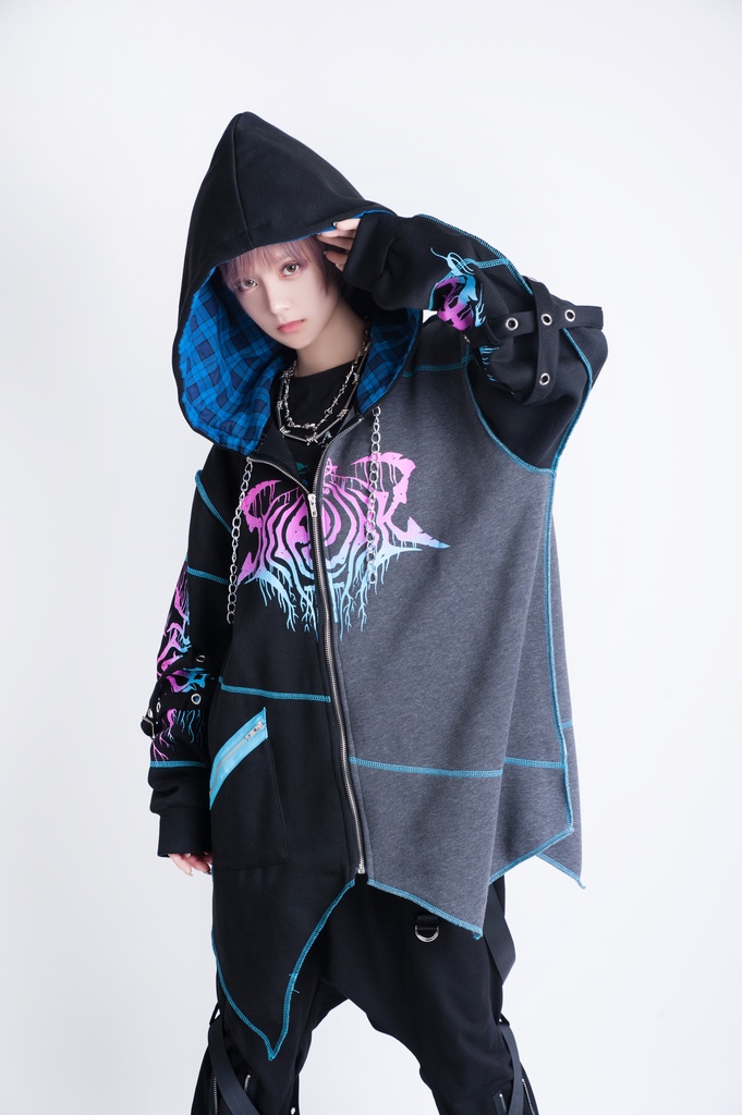 JillpunkオリジナルKERA ロック失われた安息日ヘヴィメタル記号長袖ゆったりパーカーアシンメトリー変形の裾ジャケット パンクメンズ レディーズ おしゃれ男女兼用ファッション秋葉系カッコいい