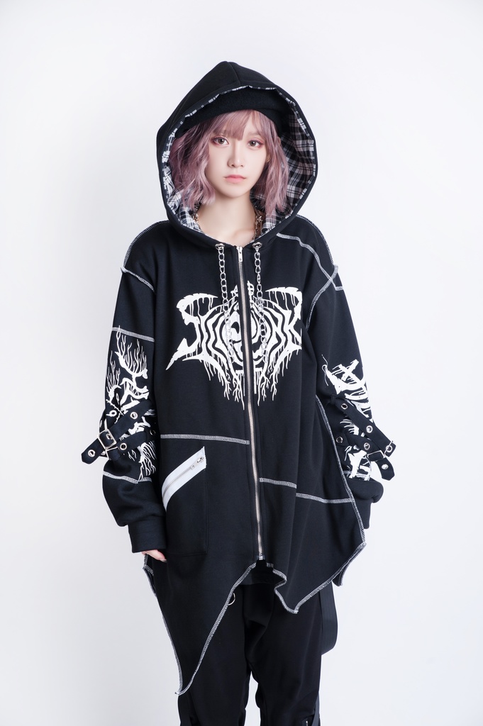 JillpunkオリジナルKERA ロック失われた安息日ヘヴィメタル記号長袖ゆったりパーカーアシンメトリー変形の裾ジャケット パンクメンズ レディーズ おしゃれ男女兼用ファッション秋葉系カッコいい
