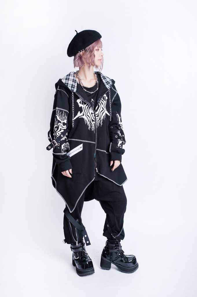 JillpunkオリジナルKERA ロック失われた安息日ヘヴィメタル記号長袖ゆったりパーカーアシンメトリー変形の裾ジャケット パンクメンズ レディーズ おしゃれ男女兼用ファッション秋葉系カッコいい
