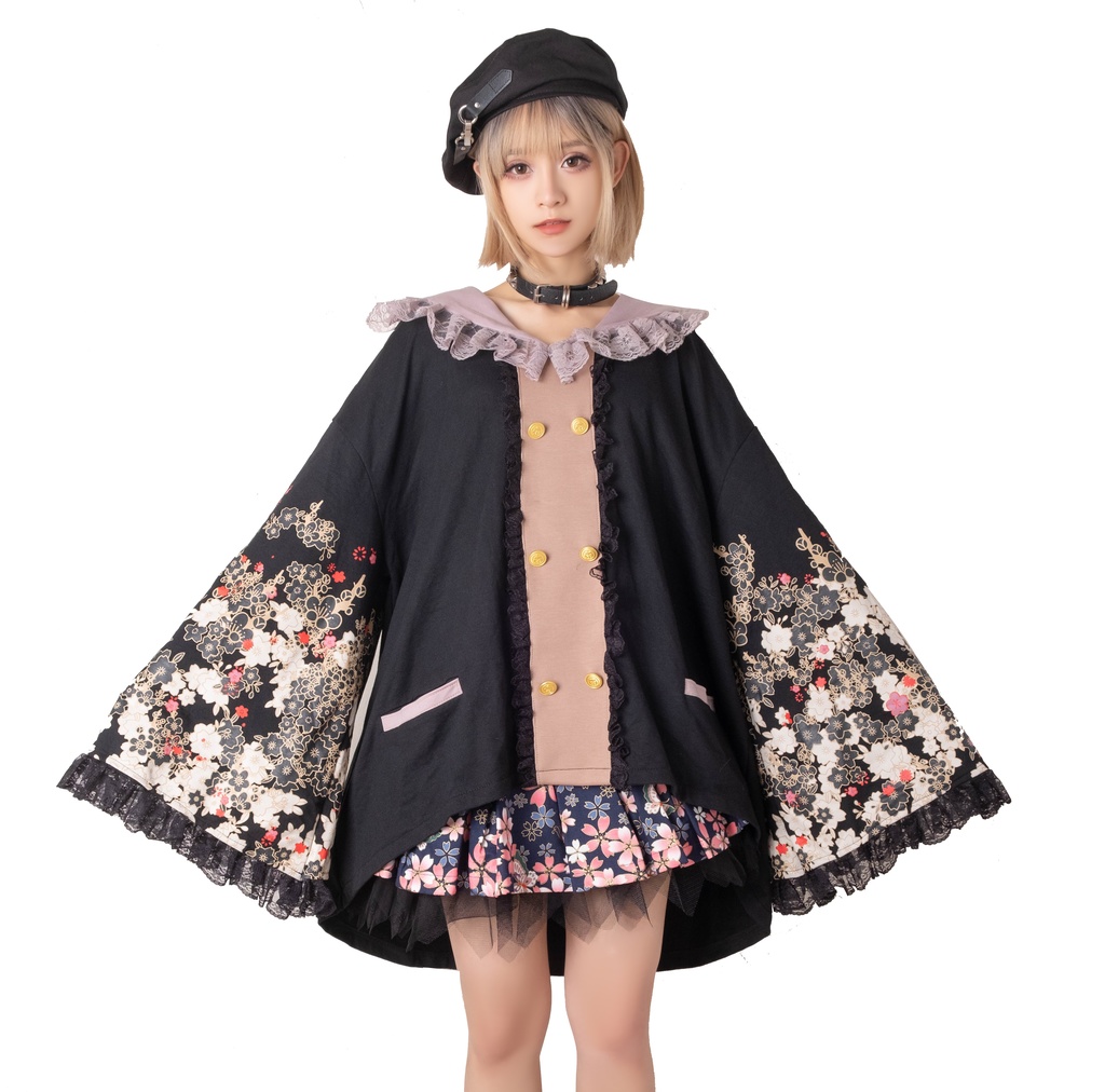 Jillpunk和風achooshiコラボ 時間恐怖症chronophobiaさくら 桜木花柄プリント ダブルブレスト着物袖 キモノスリーブ セーラーカラー フェイクボタン レースヘム水兵 ゆったりブラウスカットソー オリジナル原宿おしゃれ姫系可愛い萌え