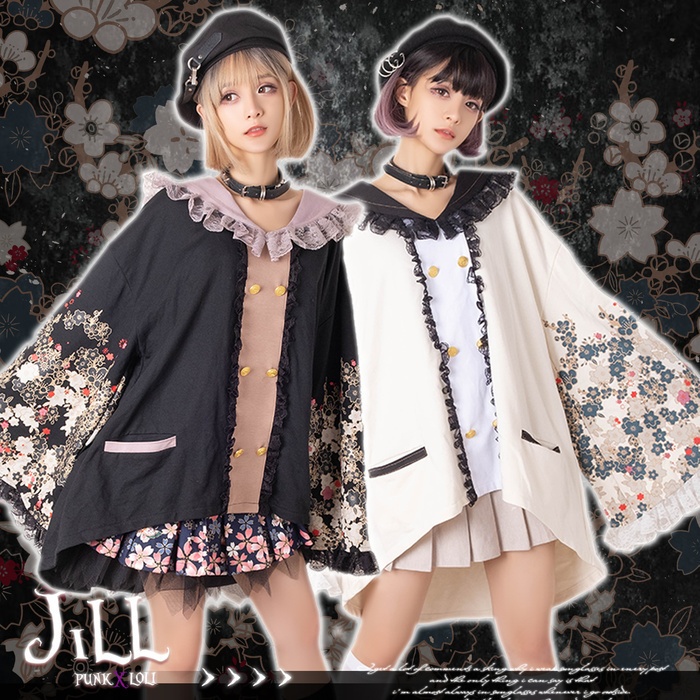 Jillpunk和風achooshiコラボ 時間恐怖症chronophobiaさくら　桜木花柄プリント　ダブルブレスト着物袖　キモノスリーブ　セーラーカラー　フェイクボタン　レースヘム水兵　ゆったりブラウスカットソー オリジナル原宿おしゃれ姫系可愛い萌え