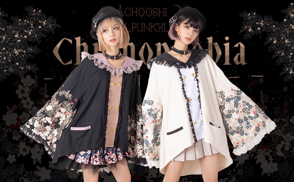 Jillpunk和風achooshiコラボ 時間恐怖症chronophobiaさくら 桜木花柄プリント ダブルブレスト着物袖 キモノスリーブ セーラーカラー フェイクボタン レースヘム水兵 ゆったりブラウスカットソー オリジナル原宿おしゃれ姫系可愛い萌え