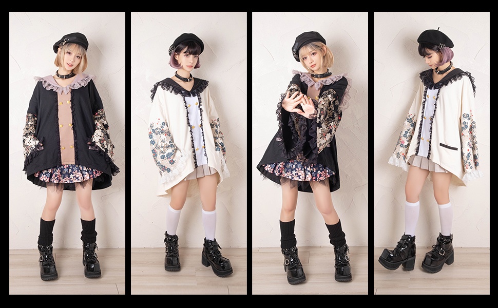 Jillpunk和風achooshiコラボ 時間恐怖症chronophobiaさくら 桜木花柄プリント ダブルブレスト着物袖 キモノスリーブ セーラーカラー フェイクボタン レースヘム水兵 ゆったりブラウスカットソー オリジナル原宿おしゃれ姫系可愛い萌え