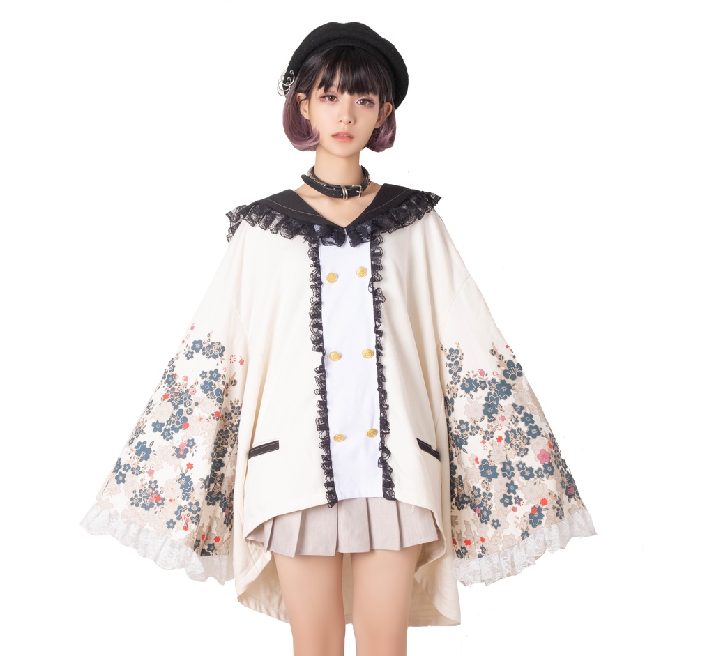 Jillpunk和風achooshiコラボ 時間恐怖症chronophobiaさくら 桜木花柄プリント ダブルブレスト着物袖 キモノスリーブ セーラーカラー フェイクボタン レースヘム水兵 ゆったりブラウスカットソー オリジナル原宿おしゃれ姫系可愛い萌え