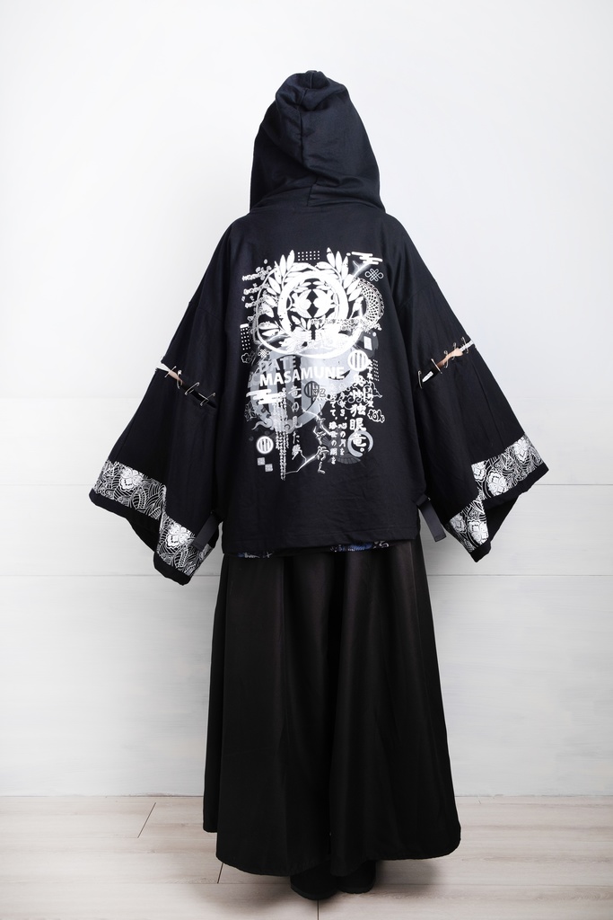 Jillpunk和風モード戦国武将物語 独眼竜伊達政宗 家紋刺繡 キモノスリーブ 安全ピンフード付き現代羽織 和装ジャケットブレザー オリジナル メンズ レディー V系カッコいい おしゃれ男女兼用ファッション秋葉系