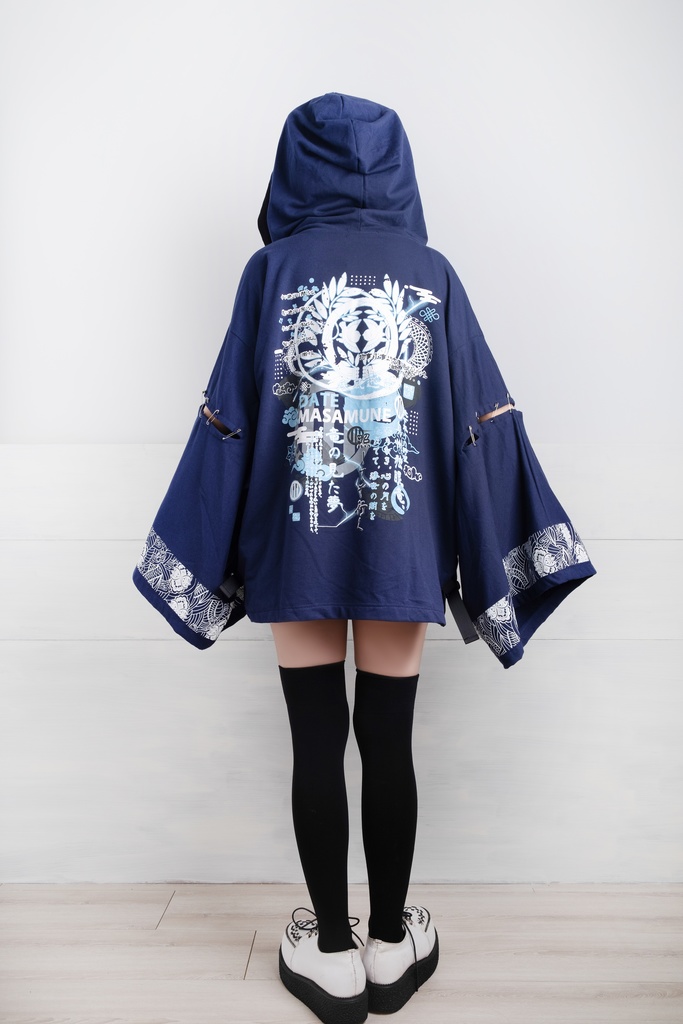 Jillpunk和風モード戦国武将物語 独眼竜伊達政宗 家紋刺繡 キモノスリーブ 安全ピンフード付き現代羽織 和装ジャケットブレザー オリジナル メンズ レディー V系カッコいい おしゃれ男女兼用ファッション秋葉系