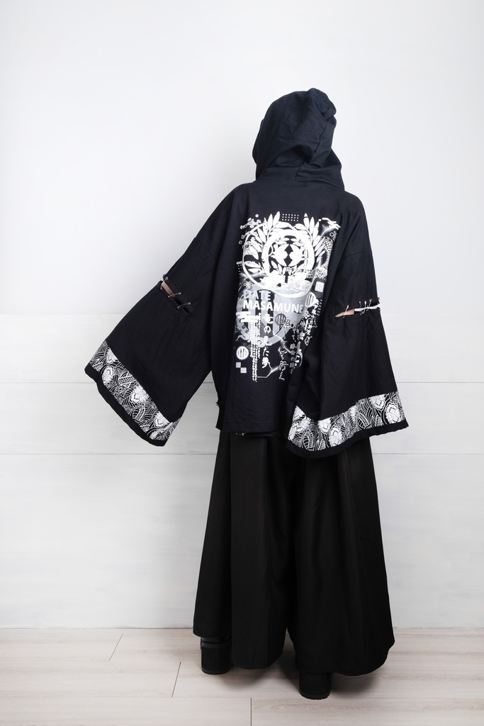 Jillpunk和風モード戦国武将物語 独眼竜伊達政宗 家紋刺繡 キモノスリーブ 安全ピンフード付き現代羽織 和装ジャケットブレザー オリジナル メンズ レディー V系カッコいい おしゃれ男女兼用ファッション秋葉系