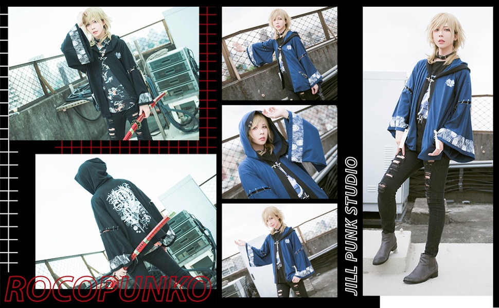 Jillpunk和風モード戦国武将物語 独眼竜伊達政宗 家紋刺繡 キモノスリーブ 安全ピンフード付き現代羽織 和装ジャケットブレザー オリジナル メンズ レディー V系カッコいい おしゃれ男女兼用ファッション秋葉系