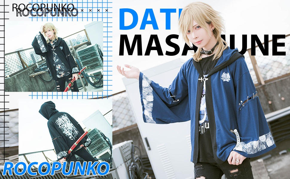 Jillpunk和風モード戦国武将物語 独眼竜伊達政宗 家紋刺繡 キモノスリーブ 安全ピンフード付き現代羽織 和装ジャケットブレザー オリジナル メンズ レディー V系カッコいい おしゃれ男女兼用ファッション秋葉系