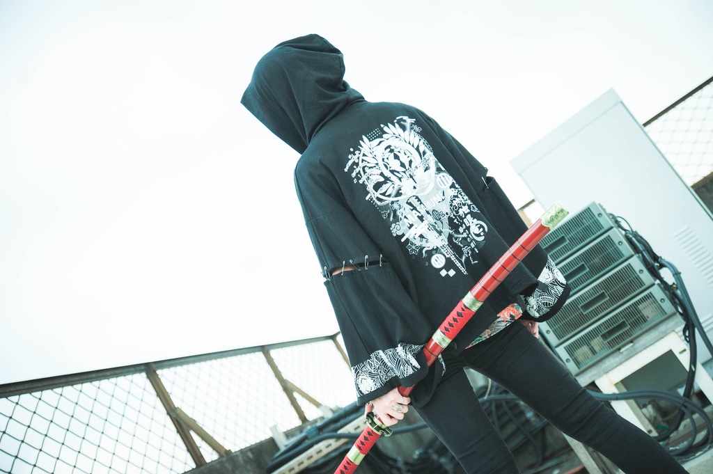 Jillpunk和風モード戦国武将物語 独眼竜伊達政宗 家紋刺繡 キモノスリーブ 安全ピンフード付き現代羽織 和装ジャケットブレザー オリジナル メンズ レディー V系カッコいい おしゃれ男女兼用ファッション秋葉系