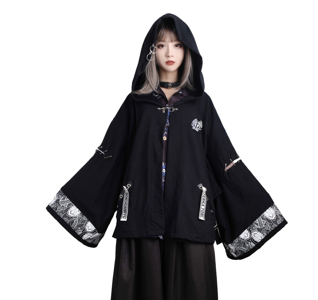 Jillpunk和風モード戦国武将物語 独眼竜伊達政宗 家紋刺繡 キモノスリーブ 安全ピンフード付き現代羽織 和装ジャケットブレザー オリジナル メンズ レディー V系カッコいい おしゃれ男女兼用ファッション秋葉系