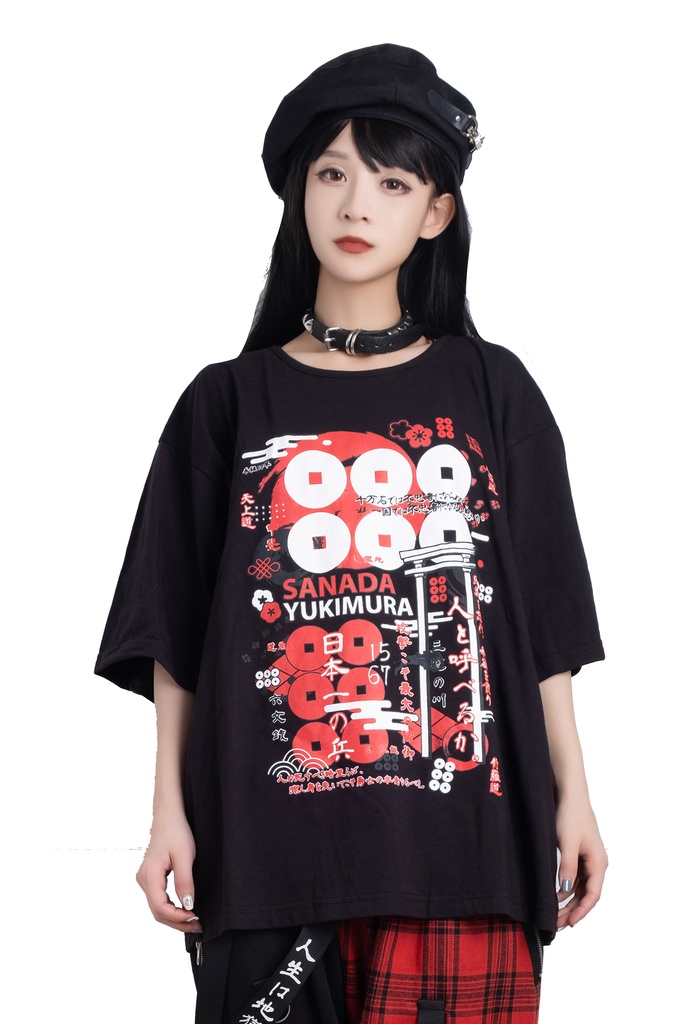 Jillpunkアニメ お宅和風 日本一の兵 真田幸村 六文銭 戦国旗印 プリント ゆったり半袖 Tシャツ Oversizeオーバーサイズ オリジナル メンズ レディーズ おしゃれ 男女兼用 ファッション 秋葉系 カッコいい