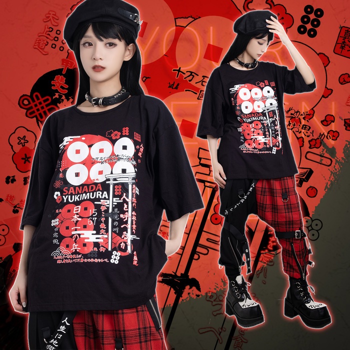 Jillpunkアニメ お宅和風 日本一の兵 真田幸村 六文銭 戦国旗印 プリント ゆったり半袖 Tシャツ Oversizeオーバーサイズ オリジナル メンズ レディーズ おしゃれ 男女兼用 ファッション 秋葉系 カッコいい