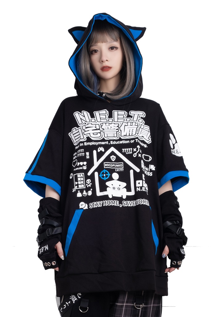 Jillpunkアニメ 可愛い お宅 ニ次コン 機動警察 NEET 自宅警備猫 プリント ゆったり半袖 猫耳 吸放湿性インナー モダールパーカ― Oversizeオーバーサイズ オリジナル メンズ レディーズ おしゃれ 男女兼用 ファッション 秋葉系
