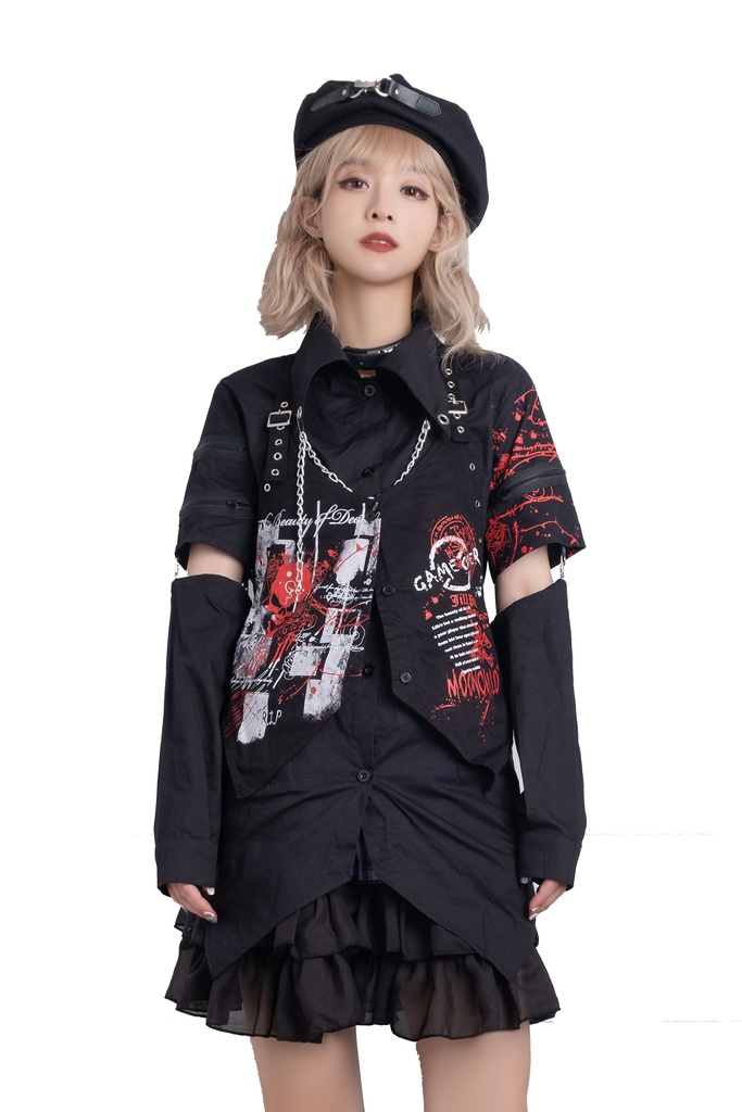 Jillpunk クラシックパンク ロック ヘヴィメタルスピリッツ 鉄チェーンウェストコートベスト アームカバー付き 半袖ドレスシャツ 2点セット オリジナルメンズ レディーズ おしゃれ男女兼用ファッション兄系カッコいい