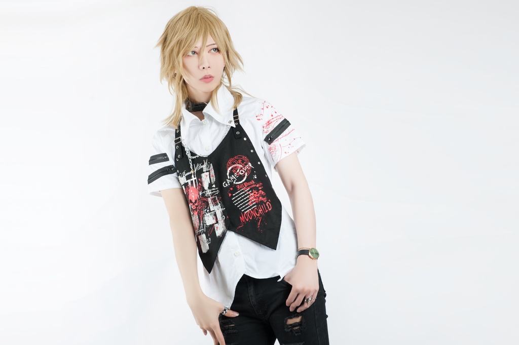 Jillpunk クラシックパンク ロック ヘヴィメタルスピリッツ 鉄チェーンウェストコートベスト アームカバー付き 半袖ドレスシャツ 2点セット オリジナルメンズ レディーズ おしゃれ男女兼用ファッション兄系カッコいい