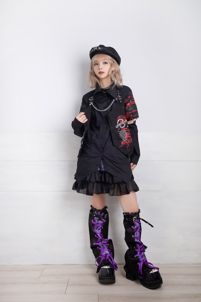 Jillpunk クラシックパンク ロック ヘヴィメタルスピリッツ 鉄チェーンウェストコートベスト アームカバー付き 半袖ドレスシャツ 2点セット オリジナルメンズ レディーズ おしゃれ男女兼用ファッション兄系カッコいい