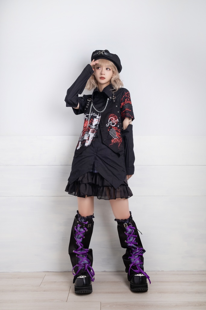 Jillpunk クラシックパンク ロック ヘヴィメタルスピリッツ 鉄チェーンウェストコートベスト アームカバー付き 半袖ドレスシャツ 2点セット オリジナルメンズ レディーズ おしゃれ男女兼用ファッション兄系カッコいい