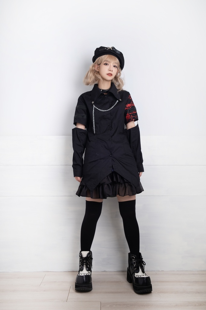 Jillpunk クラシックパンク ロック ヘヴィメタルスピリッツ 鉄チェーンウェストコートベスト アームカバー付き 半袖ドレスシャツ 2点セット オリジナルメンズ レディーズ おしゃれ男女兼用ファッション兄系カッコいい